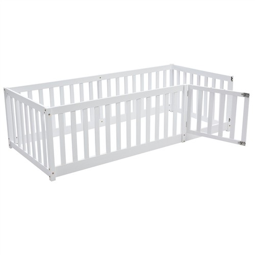 Kinderbett Bodenbett Babybett 90x200 cm massiv holz Schutzgitter mit Tür Weiß - Bild 10 von 11