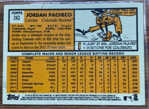 2012 Topps Heritage Minors Jordan Pacheco #243 RC Auto Signed Autograph Rockies - Picture 2 of 2