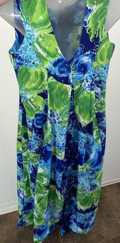 1960s 70s Pomare Hawaii Blue Green Tropical Floral Hawaiian Maxi Dress 12 Large - Picture 5 of 8