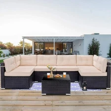 7Piece Rattan Outdoor Sofa Set, All-Weather Seating with Cushions & Coffee Table