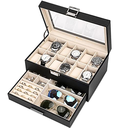Voova Jewelry Box Watch Boxes Organizer for Men Women 2 Layer Large 12 Slot P...