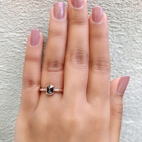 0.88 Ct Hexagon Black Diamond Ring 14K Solid Rose Gold Engagement Gift Ring - Picture 8 of 9