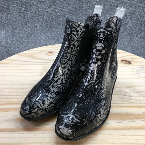 Time and True Boots Womens 7 Pull On Snake Print Chelsea Rain Boot Black Rubber - Picture 4 of 15
