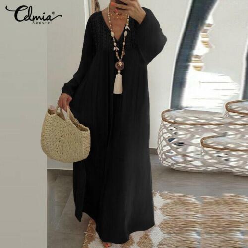 S-5XL Women Long Sleeve Cotton Loose Long Summer Maxi Dress Kaftan V-Neck Dress - Picture 12 of 14