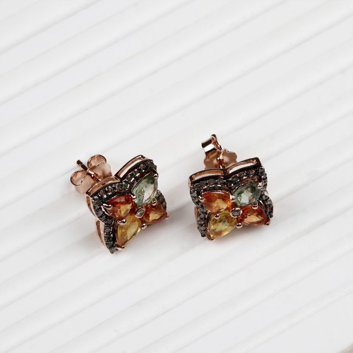 A Mano 925 Argento Sterling Naturale Multicolore Zaffiro Borchie Orecchini A Mom - Foto 6 di 6