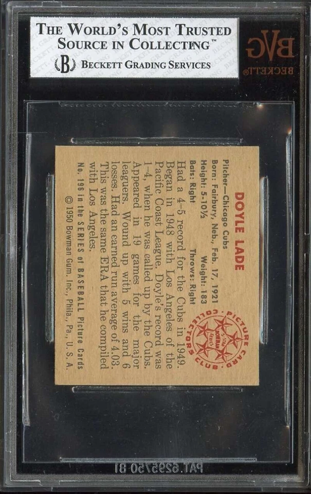 1950 Bowman Doyle Lade #196 BVG 8 NM-MT - Image 2 of 2