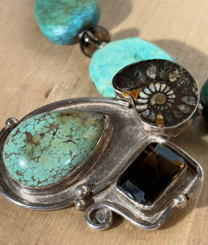 Large Heavy Turquoise Pendant Necklace, Silver Set Labrodorite Ammonite, 18"l - Picture 7 of 18