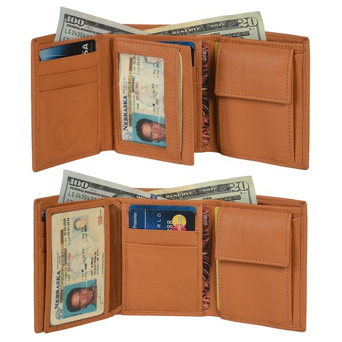 Leatherboss Leather Kids Boys Slim Compact ID Coin Pocket Trifold Wallet, Tan - Picture 1 of 7