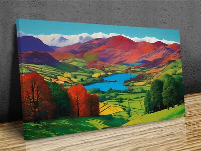 Lake District , Colorful Landscape Modern Art, Panoramic, mounted canvas print