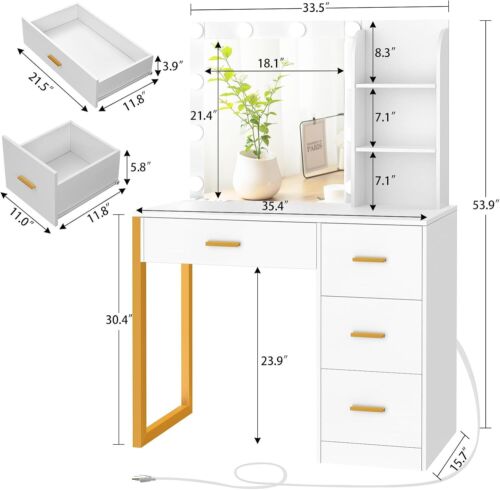 Makeup Vanity Desk with Mirror Lights 4 Drawers Charging Station Storage Shelves - Picture 2 of 7