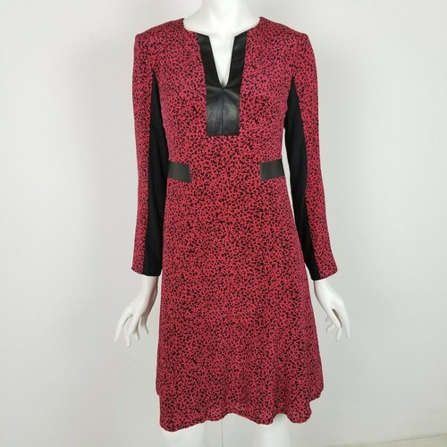 Nanette Lepore Womens Size 4 Pink Black Leopard Print Silk Leather Trim Dress - Picture 1 of 6