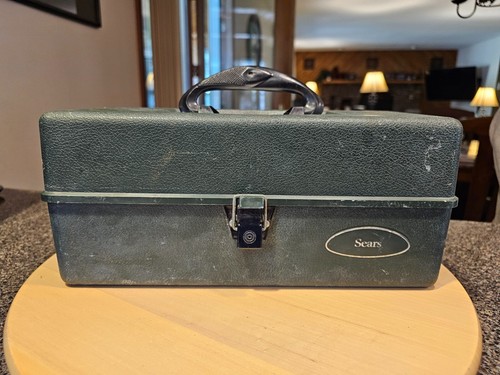 Vintage SEARS ROEBUCK & CO Metal Tin Plastic Tier Tackle Box Green Fishing - Picture 8 of 17