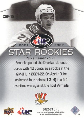 2022/23 Upper Deck CHL Star Rookies (#CSR19) - NIKS FENENKO - Picture 2 of 2