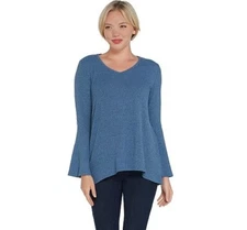 H by Halston Dusk Blue Rib Knit V-neck Bell Sleeve Top Tunic New