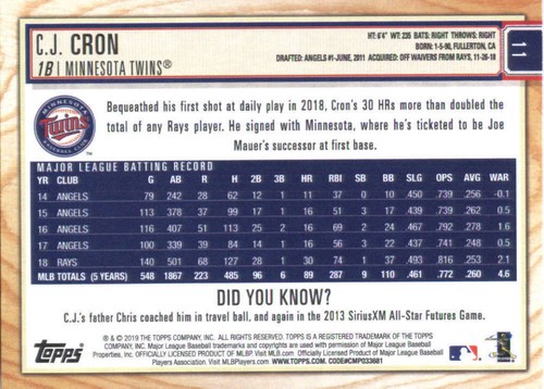 2019 Topps Big League Gold #11 C.J. Cron Minnesota Twins - Picture 2 of 2