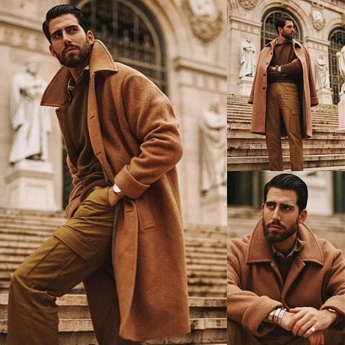 Men's Long Overcoat Brown Thick Woolen Blend Jacket Winter Formal Outdoor Coats - Bild 1 von 10