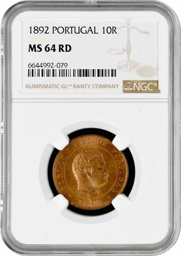 Portugal 10 reis 1892, NGC MS64 RD, "King Carlos I (1889 - 1908)"