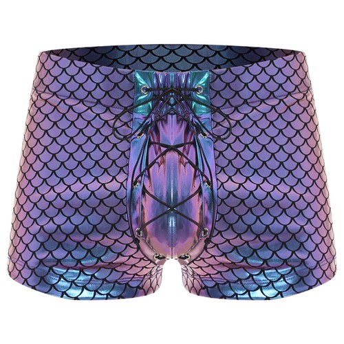 Men Shiny Boxer Shorts Holographic Jazz Costume Front Lace-up Fish Scales Print - Picture 14 of 34