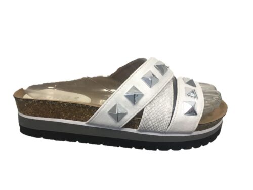 DAMEN FLACHE NIETEN-SCHIEBEREGLER SCHNALLE KLOBIG FLACHE SLIPPER-SANDALEN - Bild 2 von 7