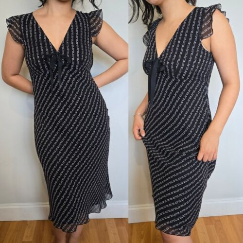 I.N.C. Black Silk Dotted Midi Dress Women's 8 Vtg 90s Y2K Whimsigoth Fairygrunge
