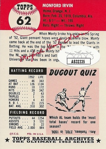 Monte Irvin hand SIGNED 1953 Topps Archives Baseball Card JSA COA NY Giants MLB - Picture 2 of 3