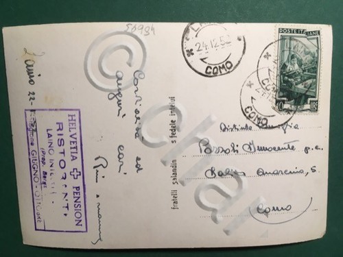 Cartolina Helvetia Pension - Ristorante Laino - Stagione Giugno Ottobre - 1952 - Foto 2 di 2
