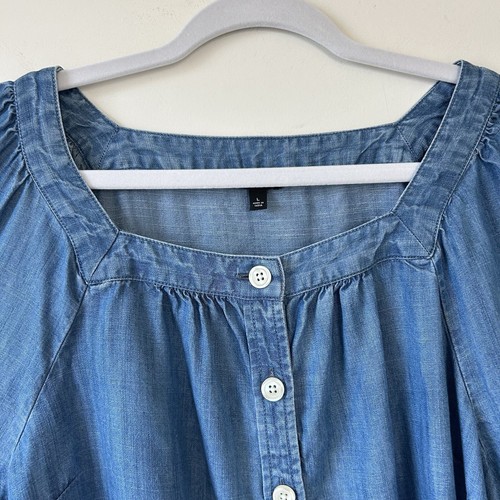 TALBOTS Sz L Blue CHAMBRAY Square Neck Button Front Womens Blouse  Casual Soft - Picture 6 of 9