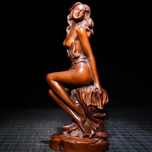 Chinese Boxwood Wood Carving Sexy Beautiful Woman Statue Wooden Sculpture decor - Picture 4 of 18