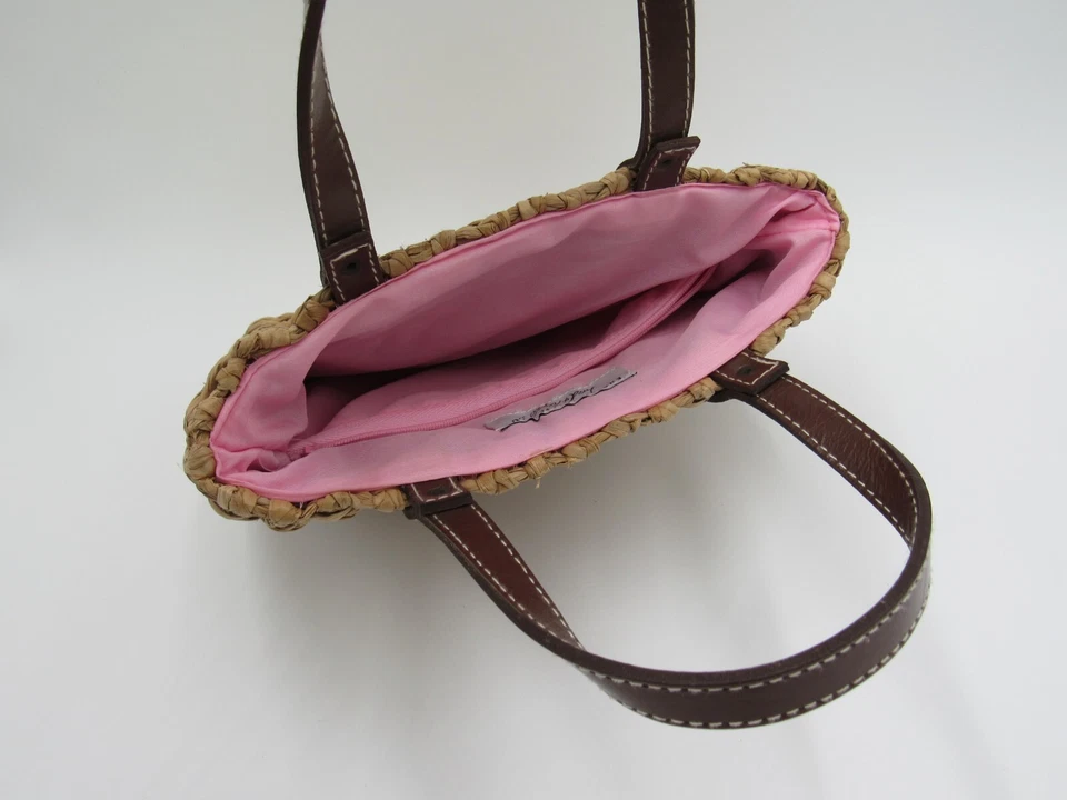 Cartera de mano de ratán de paja rosa flores vacaciones florales años 90 Lord & Taylor de colección Foto 3 de 4