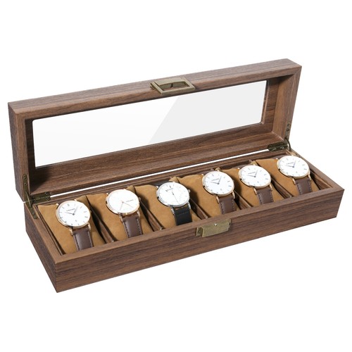 6 Fächer Uhrenbox Holz Uhrenaufbewahrung Schmuck Orgnizer Vitrine Klar Top - Bild 13 von 23