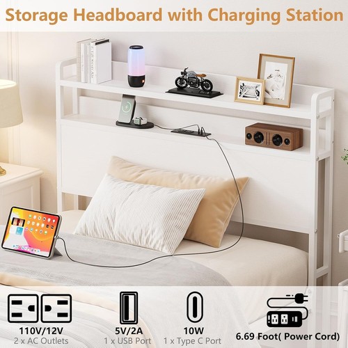 Twin Bed Frames with Charging Station and Storage Headboard 2-Tier Storage Shelf - Picture 13 of 24