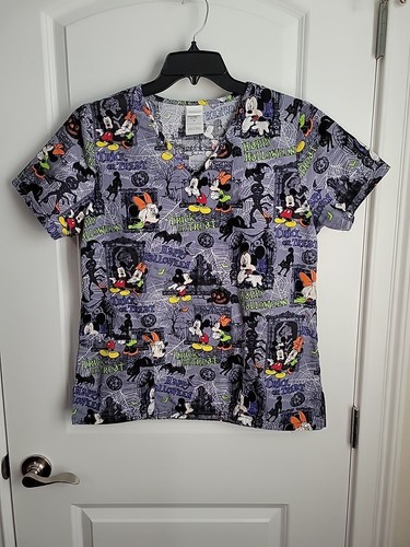 Disney Halloween Mickey Minnie Cotton V Neck  Gray Scrub Top Women's Medium - Picture 1 of 6
