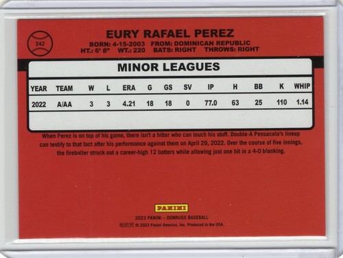 Panini 2023 Donruss Eury Perez Career Stat Line 008/296 Miami Marlins #242 - Bild 2 von 2