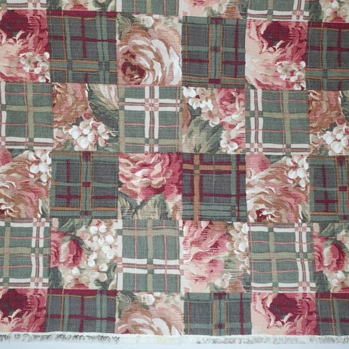 Rose Floral Plaid Textured Upholstery Fabric Mauve Pink Green Brown 30in