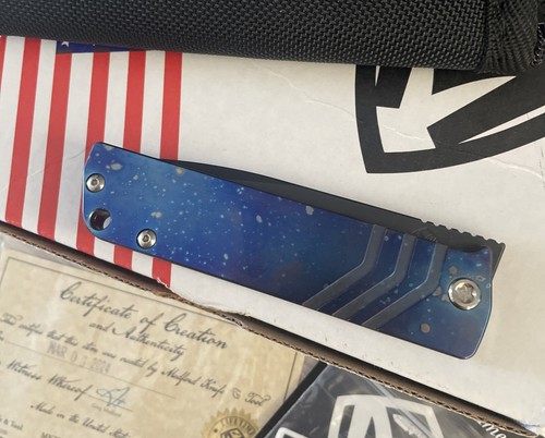 Medford Antik Front Flipper Knife - S45VN DLC - Blue Ti Flamed Solar Handles - Picture 3 of 11