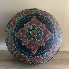 Large Boho Round Storage Sewing Basket and Lid Hand Painted Purple 13” x 6.5”