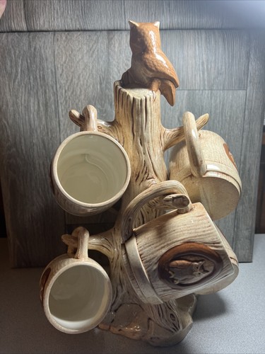 Vintage 1979 Cramer Ceramic Owl Tree Coffee Mug Holder With 6 Double Sided Mugs - Picture 2 of 16