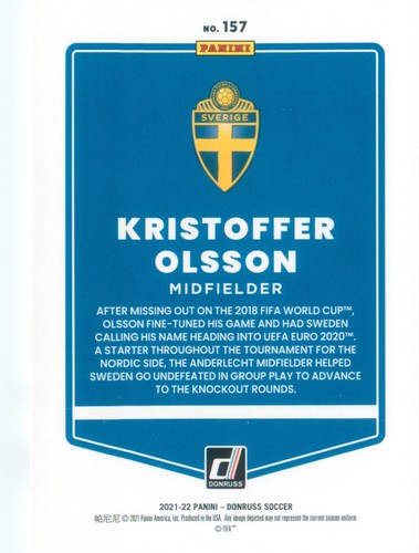 Kristoffer Olsson 2021-22 Donruss Road to World Cup Qatar Soccer Card#157 Sweden - Picture 2 of 2