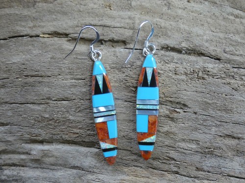 Southwestern Sterling Silver 925 Turquoise Onyx Coral Gemstone Earrings NEW AB44 - Picture 1 of 8