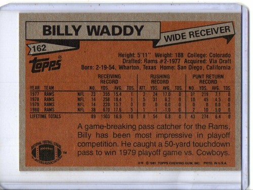 Billy Waddy Los Angeles 1981 Topps #162 - Imagen 2 de 2