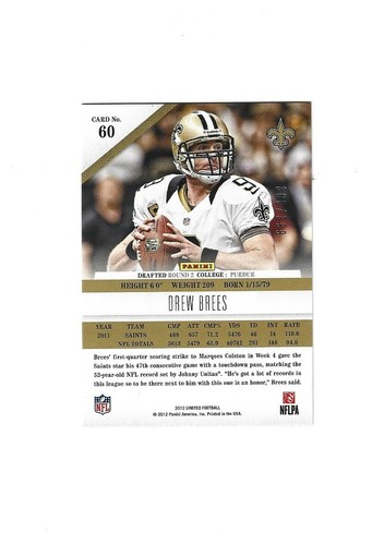 2012 Limited #60 Drew Brees  /399   NEW ORLEANS  SAINTS - Picture 2 of 2