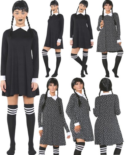 Adult Gothic School Girl Fancy Dress Costume Women Halloween Swing Dress Outfit - Picture 1 of 8