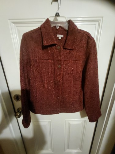J.Jill Women Tweed Long Sleeve Snap Jacket w 2 Top Pockets Burgundy Sz. M.