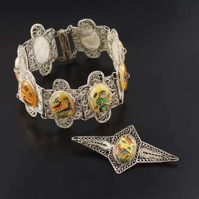 PERSIAN 950 SILVER HAND-PAINTED MOTHER OF PEARL STORYTELLER BRACELET & BROOCH