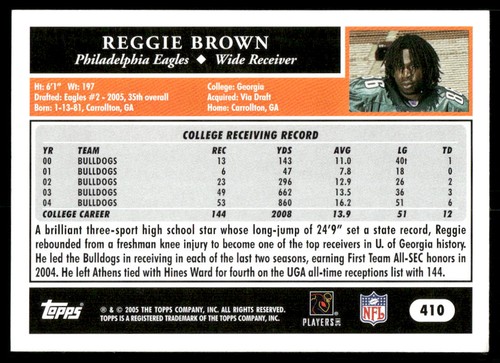 2005 Topps #410 Reggie Brown Philadelphia Eagles Football Card - Picture 2 of 2