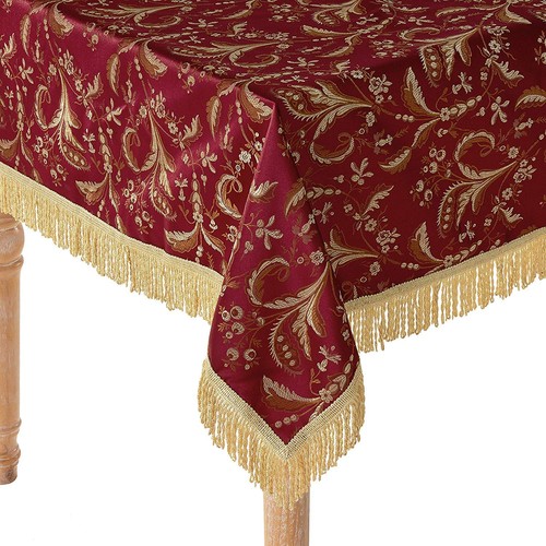 Luxury Damask Floral Design, Polyester Jacquard, with Fringes, Burgundy, 52 I...