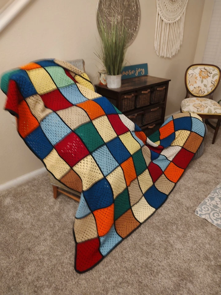 Cama Doble Grande Años 70 Afgana, 90×66 Color Sólido Cuadrado Patchwork Hilo Alta Calidad Foto 2 de 4