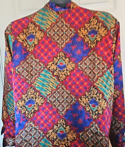 VTG Notations 1X Multicolor Jewel Tone Print Satin Blouse LS Mandarin Collar - Picture 4 of 5