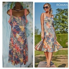 NEW Roman Dress Size 16 Orange Tropical Print Fit & Flare Skater Summer Dress