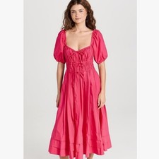 Ulla Johnson Palma Vibrant Barbie Pink Peasant Cotton Puff Sleeve Midi Dress 6